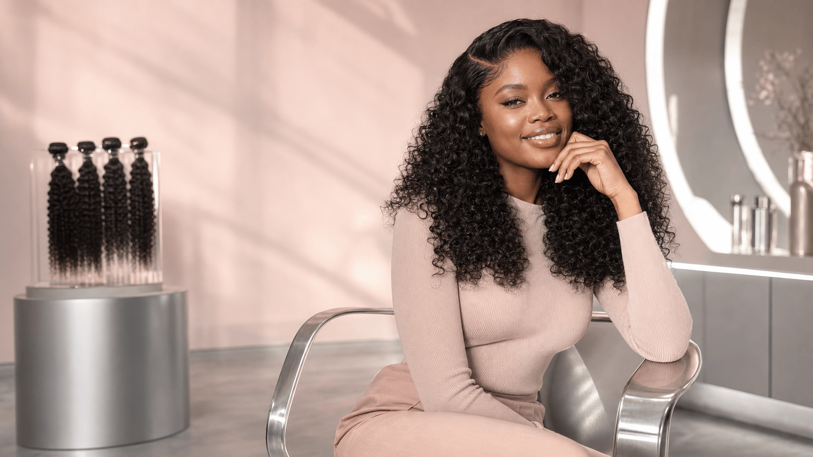 Sandada model wearing premium curly hair in a blush and silver studio
