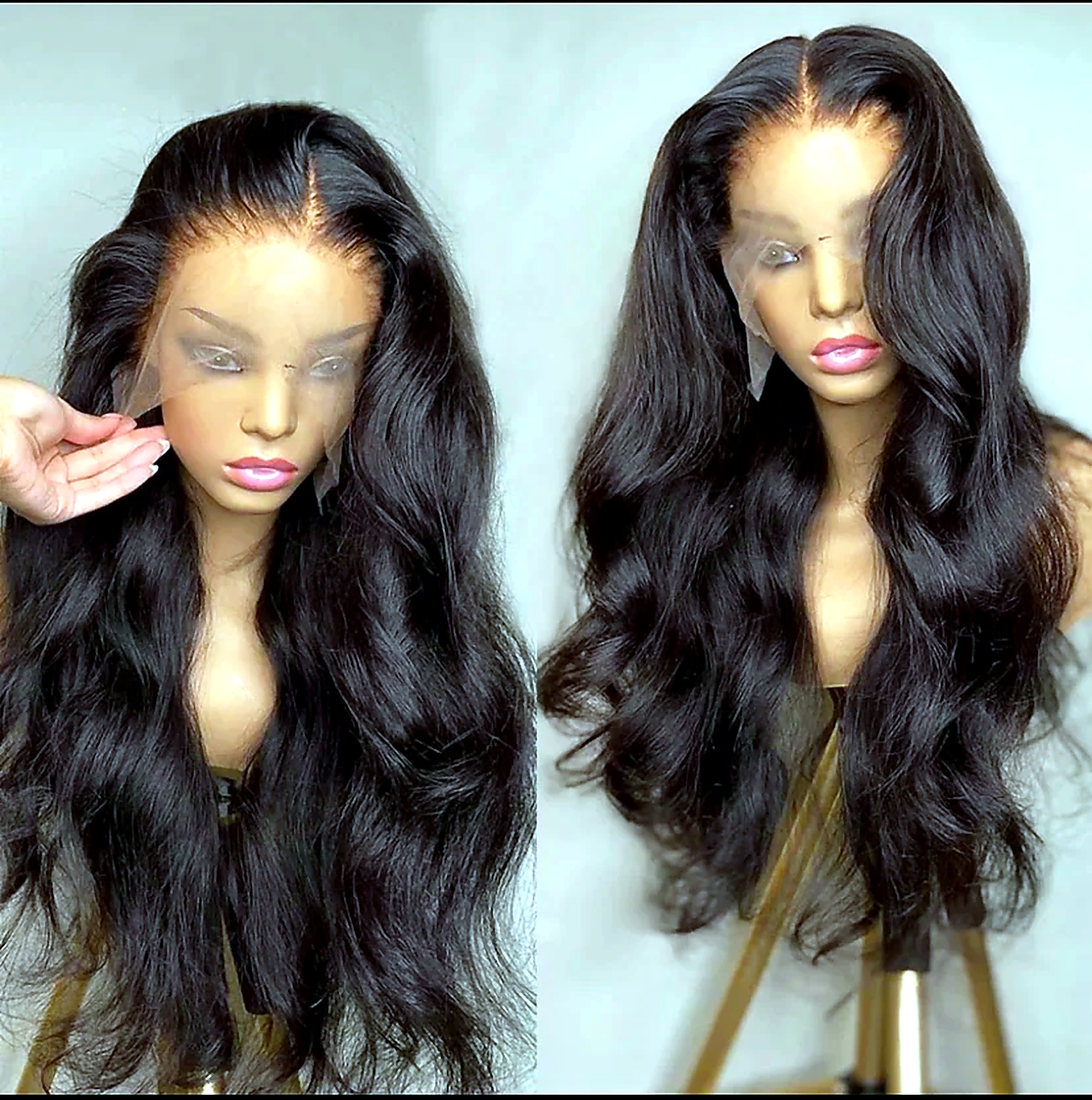 Long Brazilian wave wigs styled with glossy black texture